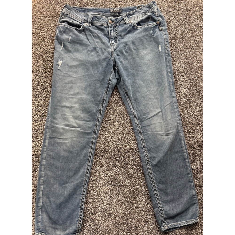 Silver Jeans Co Suki Mid Skinny Joga Jeans Blue Distressed W93116SWK222 Sz 18/31